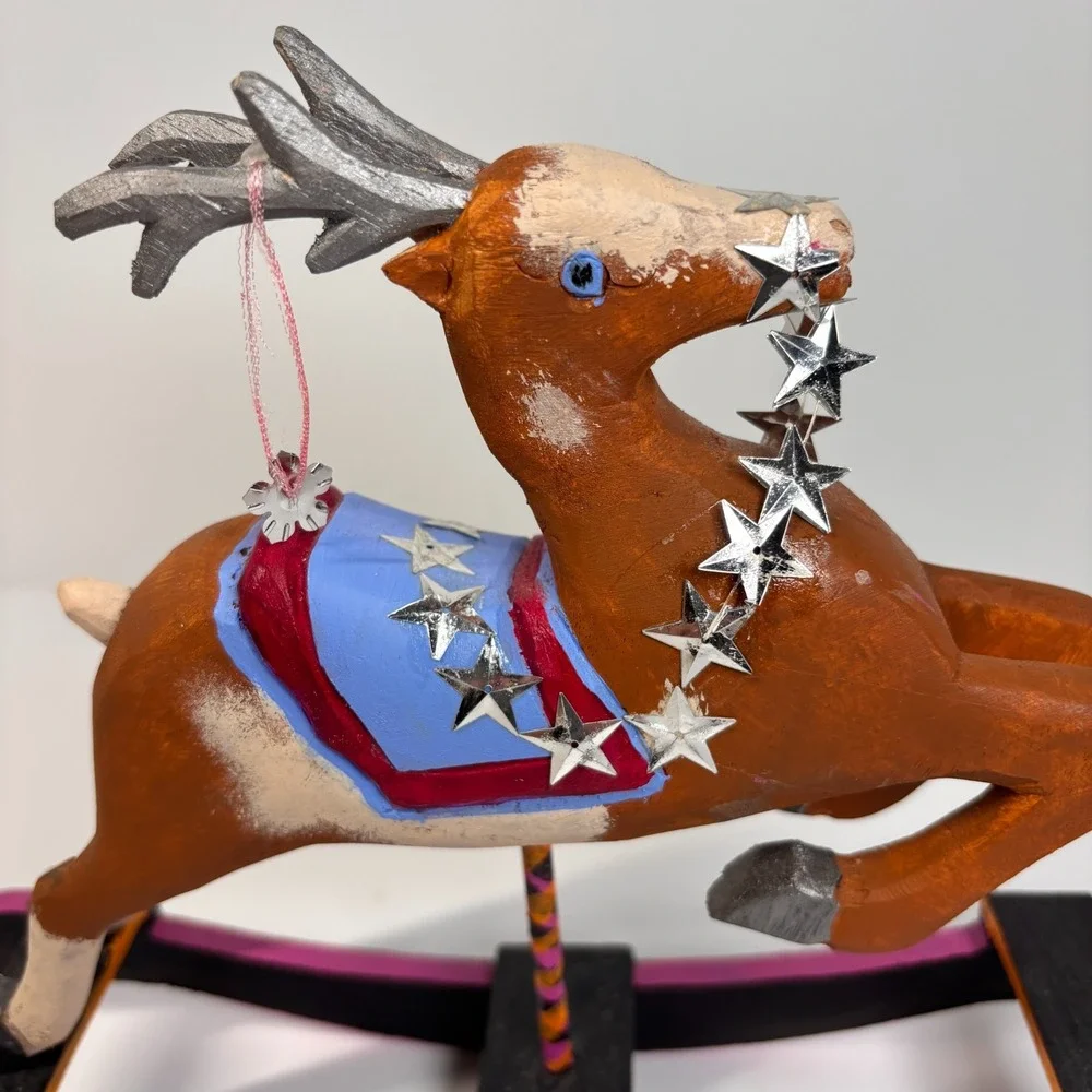 Vintage 1989 Hand Carved Wood Reindeer Folk Art Rocking Sculpture Star Motif